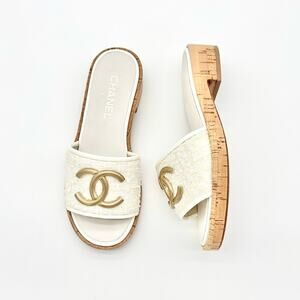 Chanel Interlocking CC Tweed Cork Slip On Heeled Mules Slides Sandals 38